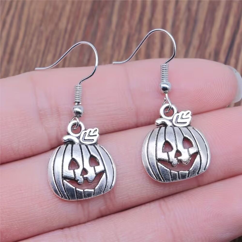 Silver Jack-o-Lantern Dangle Earrings Drop Pumpkin Charm Pendant Cute Lghtwght